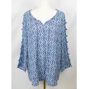 Kim Rogers XL Blouse Tunic Aztec Pattern Cutout Blue White